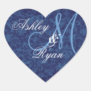 Navy Blue Damask Wedding Custom Monogram Heart Sticker