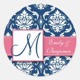 Navy Blue Damask Wedding Favour Sticker Pink
