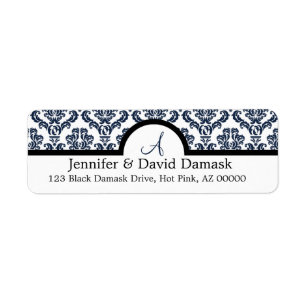 Navy Blue Damask Wedding Monogram Address Labels