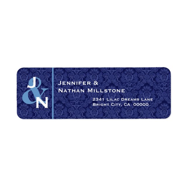 NAVY BLUE Damask Wedding Monogram Return Address Label (Front)