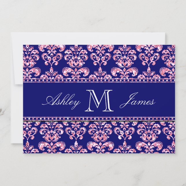Navy Blue Damask Wedding Printed Pink Glitter Invitation (Front)