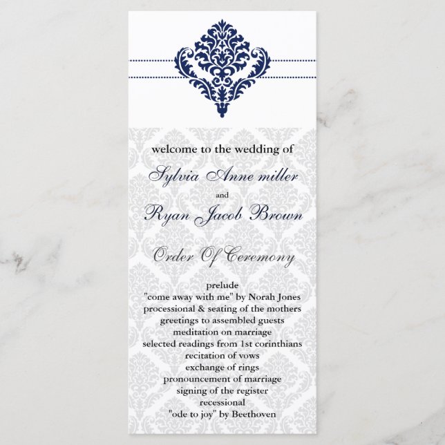 "navy blue" damask Wedding program (Front)