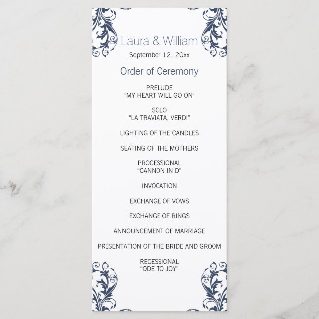 Navy Blue Damask Wedding Program (Front)