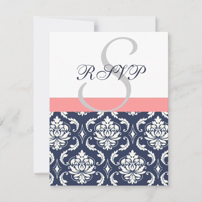 Navy Blue Damask Wedding RSVP Cards Coral (Front)