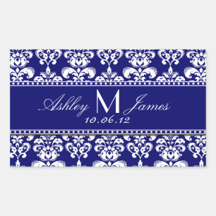 Navy Blue Damask Wedding Wine Label