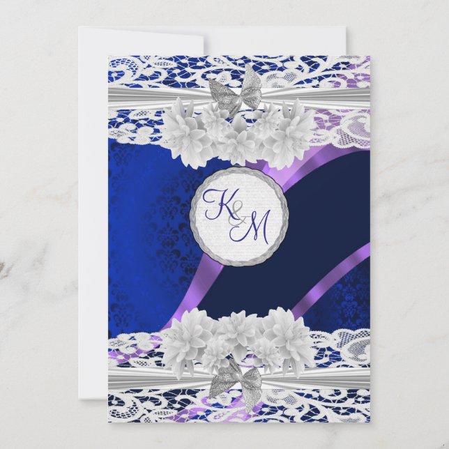 Navy blue damask white lace monogram wedding invitation (Back)