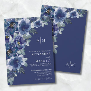 Navy Blue Dark Elegant Modern Floral Wedding Invitation