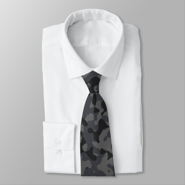 Navy Blue, Dark Grey, and Charcoal Camouflage Tie (Tied)