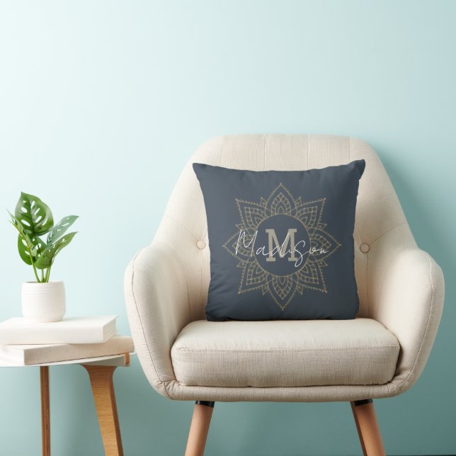 Navy Blue Dark Grey Gold Mandala Name Monogram Cushion (Chair)