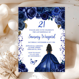 Navy Blue Dark Skin Princess Birthday Party Invitation
