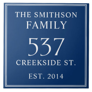 Navy Blue Date Established Address House Plaque Ceramic Tile