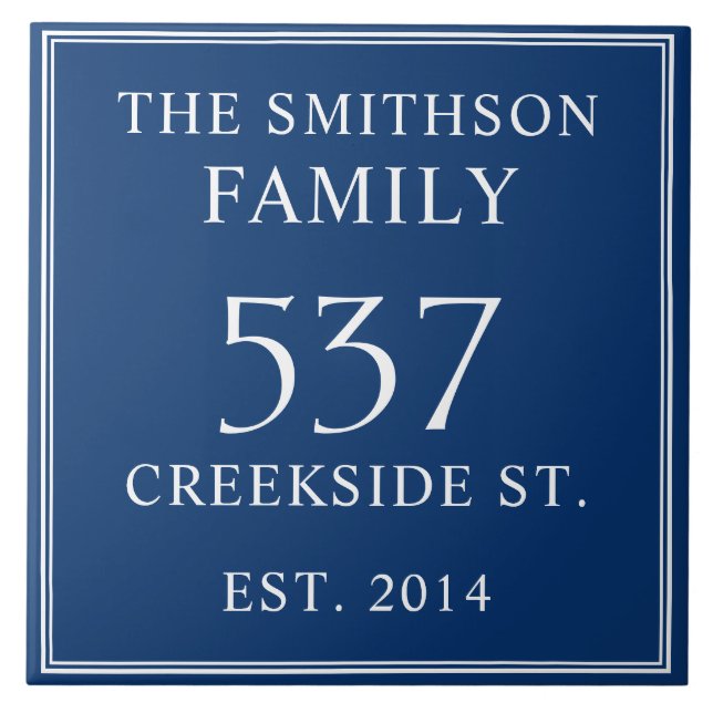    Navy Blue Date Established Address House Plaque Ceramic Tile (Front)