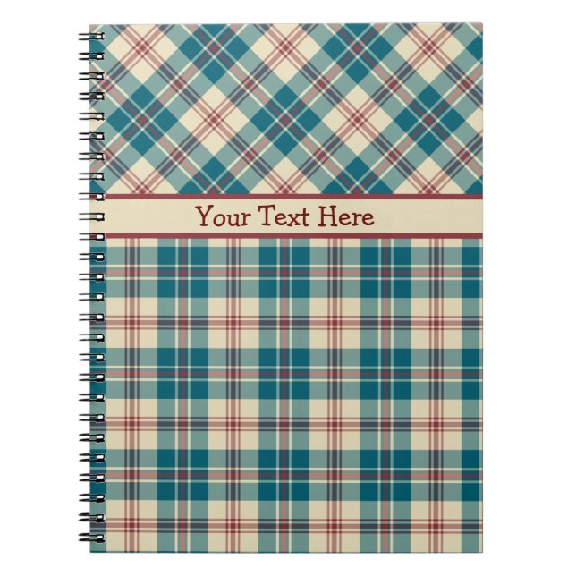 Navy Blue, Deep Red, Beige Plaid Spiral Notebook (Front)