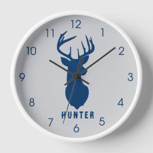 Navy Blue Deer Buck Grey Boys Hunter Wall Clock