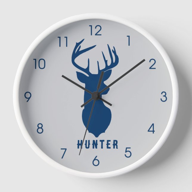 Navy Blue Deer Buck Grey Boys Hunter Wall Clock (Front)