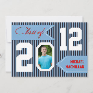 Navy Blue, Denim White Red Photo Graduation Invite