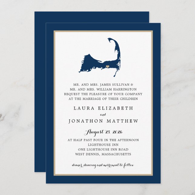Navy Blue Dennis Cape Cod Map Gold Heart Wedding Invitation (Front/Back)