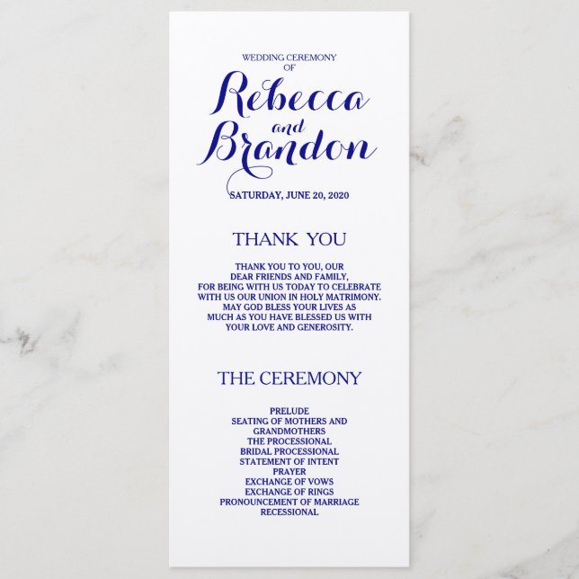 Navy Blue Designer Script Custom Wedding Program (Front)