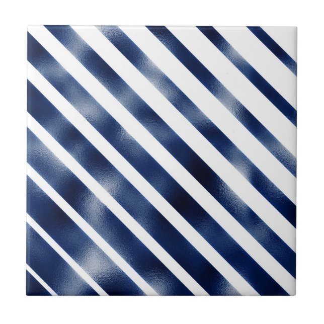 Navy blue diagonal stripe foil shimmer ceramic tile (Front)