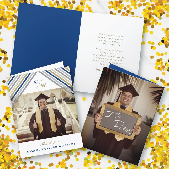 Navy Blue Diagonal Stripes Photo Modern Graduation Thank You Card (Navy Blue Diagonal Stripes & Monogram Photo Graduation Thank You Card @ zazzle.com/color_therapy)