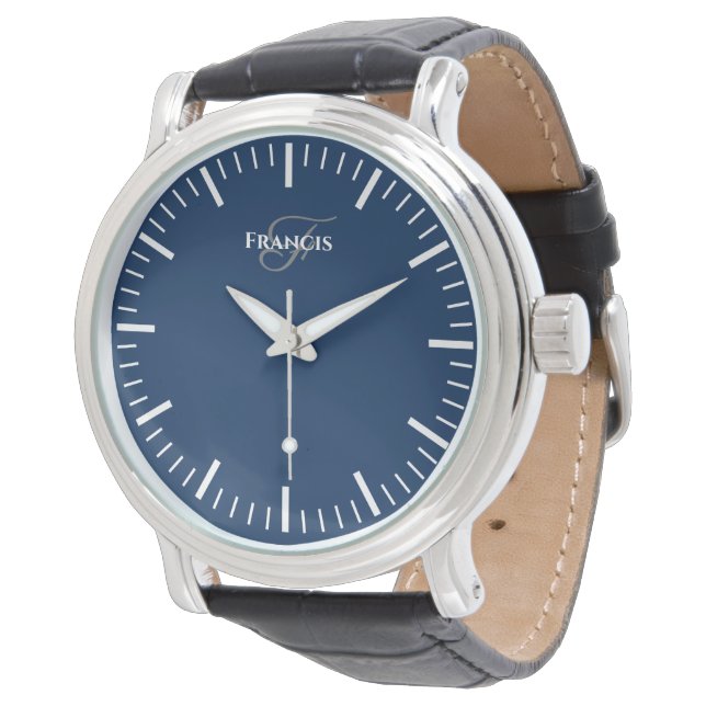 Navy blue dial men's watch with black leather band (Angled)