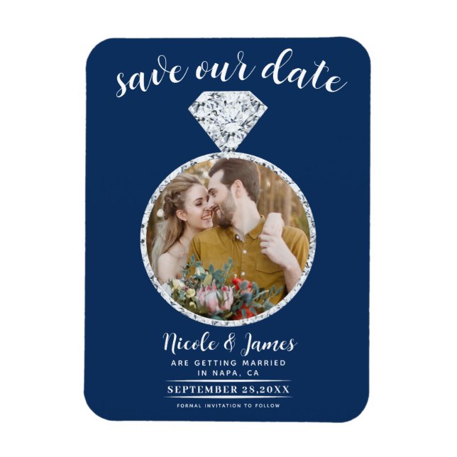 Navy Blue Diamond Ring Bling Photo Save the Date Magnet (Vertical)