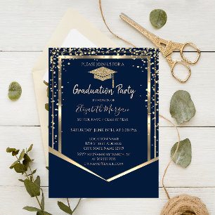 Navy Blue Diamonds Gold Graduation Cap Graduation Invitation