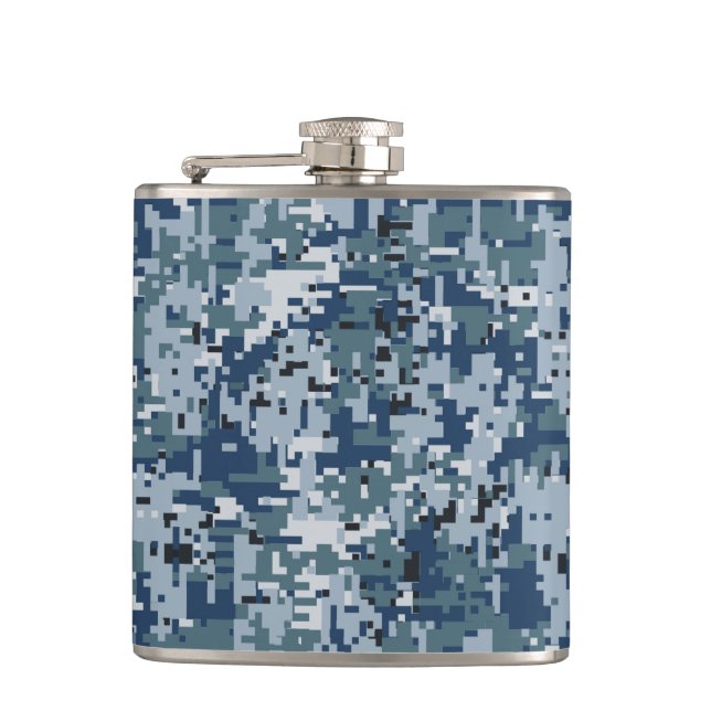 Navy Blue Digital Camouflage Decor Hip Flask (Front)