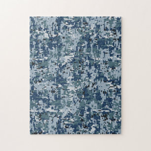 Navy Blue Digital Pixels Camouflage Decor Jigsaw Puzzle