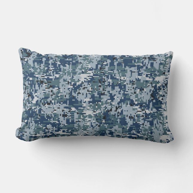 Navy Blue Digital Pixels Camouflage Decor Lumbar Cushion (Front)