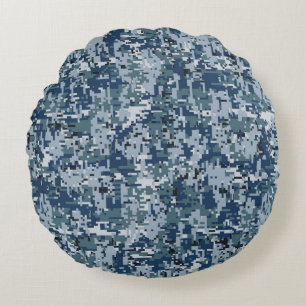 Navy Blue Digital Pixels Camouflage Decor Round Cushion