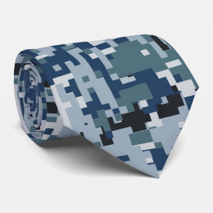 Navy Blue Digital Pixels Camouflage Decor Tie