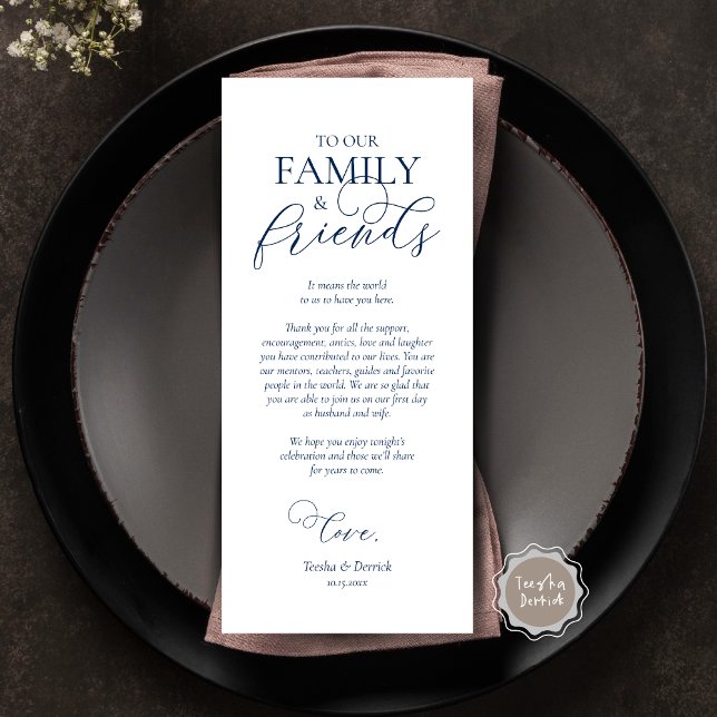 Navy Blue, Dinner Place Setting Thank You Card (Wedding Dinner Place Setting Thank You Card, Modern Romantic Script, Plate Decor, Navy Blue)