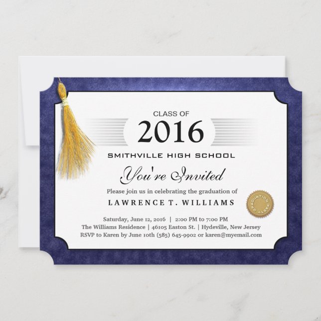 Navy Blue Diploma with Gold Tassel Graduation Invitation (Front)
