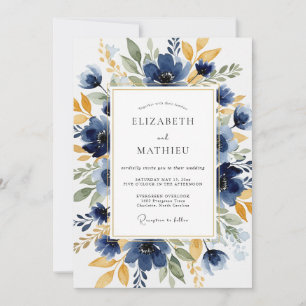Navy Blue Distinguished Botanical Wedding Invitation