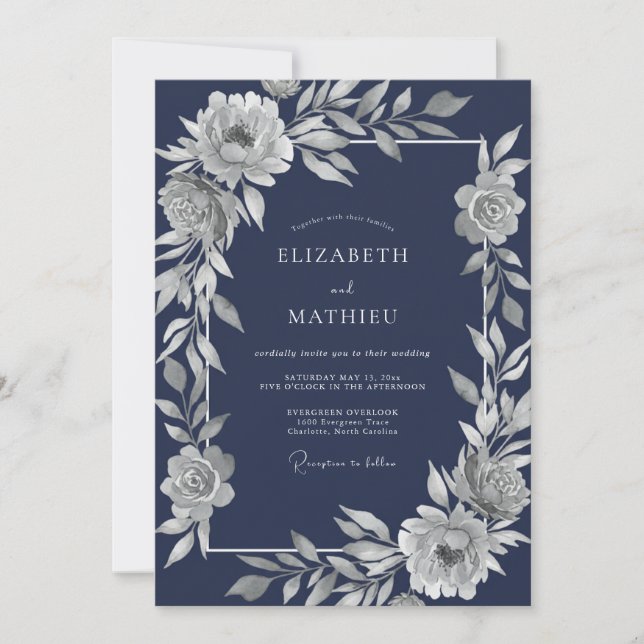 Navy Blue Distinguished Winter Wedding Invitation (Front)