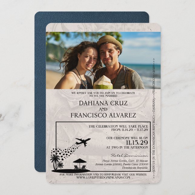 Navy Blue Dominican Republic Passport Wedding Invitation (Front/Back)