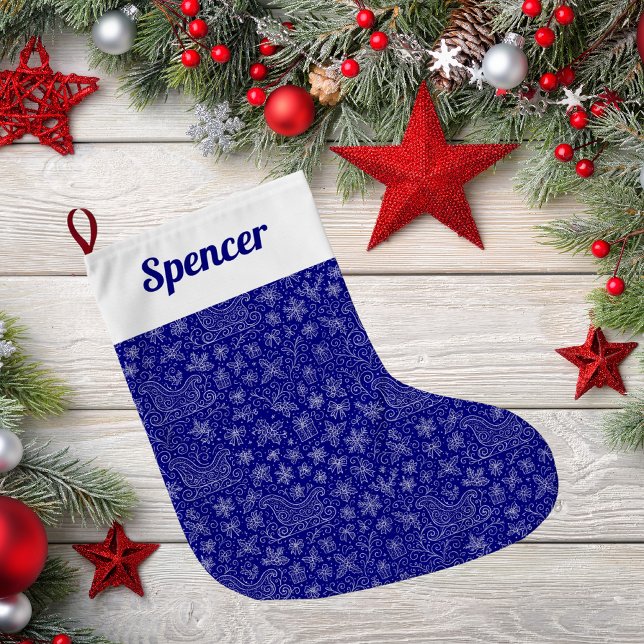 Navy Blue Doodle Christmas Sleigh Pattern Large Christmas Stocking (Creator Uploaded)