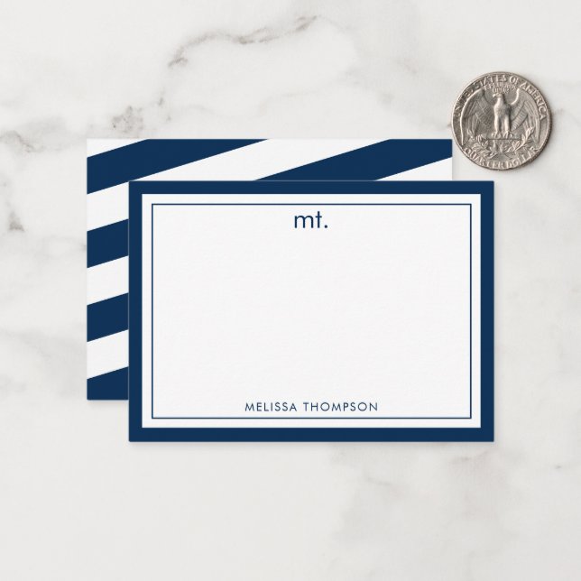 Navy Blue Double Border Modern Monogram Striped Card (Front/Back In Situ)
