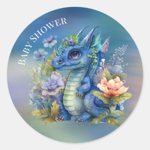 Navy Blue Dragon Boy Baby Shower Classic Round Sticker