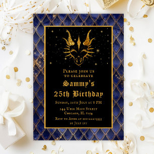 Navy Blue Dragon Scales Gold Faux Glitter Birthday Invitation
