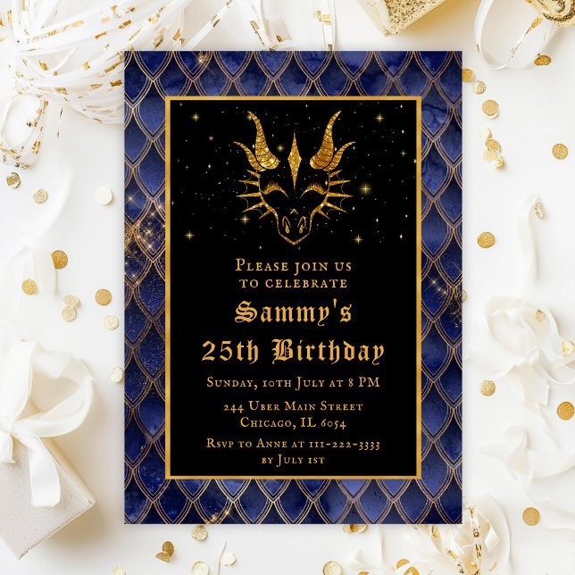 Navy Blue Dragon Scales Gold Faux Glitter Birthday Invitation (Creator Uploaded)