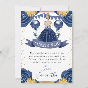 Navy Blue Dress Blonde Haired Princess Birthday Thank You Card