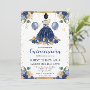 Navy Blue Dress Brunette Hair Princess Quinceanera Invitation
