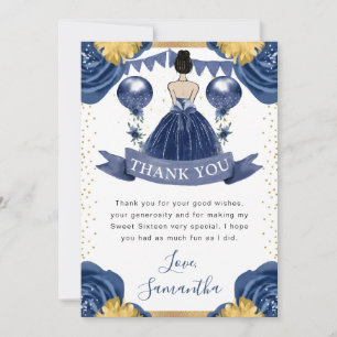 Navy Blue Dress Brunette Princess Sweet 16 Thank You Card