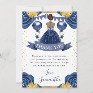 Navy Blue Dress Dark Skin Princess Birthday Thank You Card