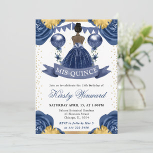 Navy Blue Dress Dark Skin Princess Quinceanera Invitation