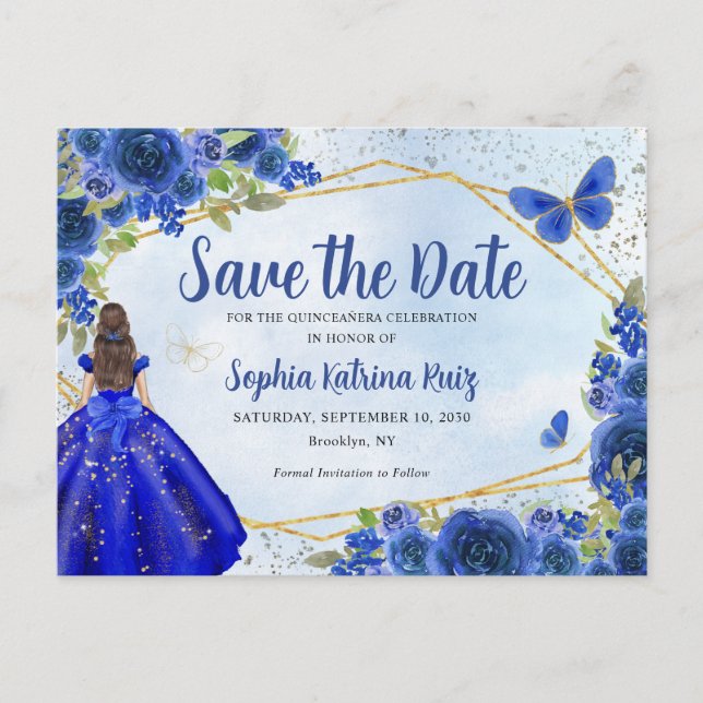 Navy Blue Dress Floral Quinceañera Save the Date Postcard (Front)