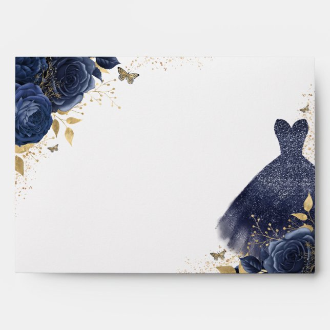 Navy Blue Dress & Flowers Sparkle All Occasion Envelope (Front)