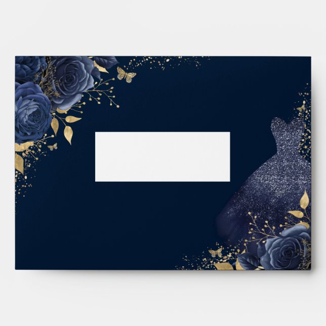Navy Blue Dress & Flowers Sparkle Invitation Envelope (Front)